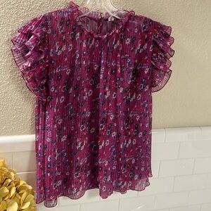 Anthropologie Pink floral ruffle sleeve top. Size large . NEW condition